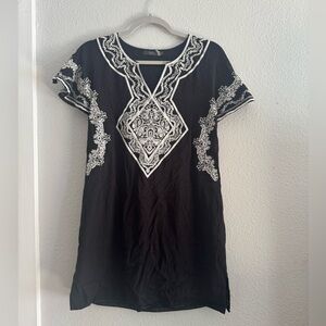 THML Black Mini Dress / Tunic with White Embroidery. Sz Small
